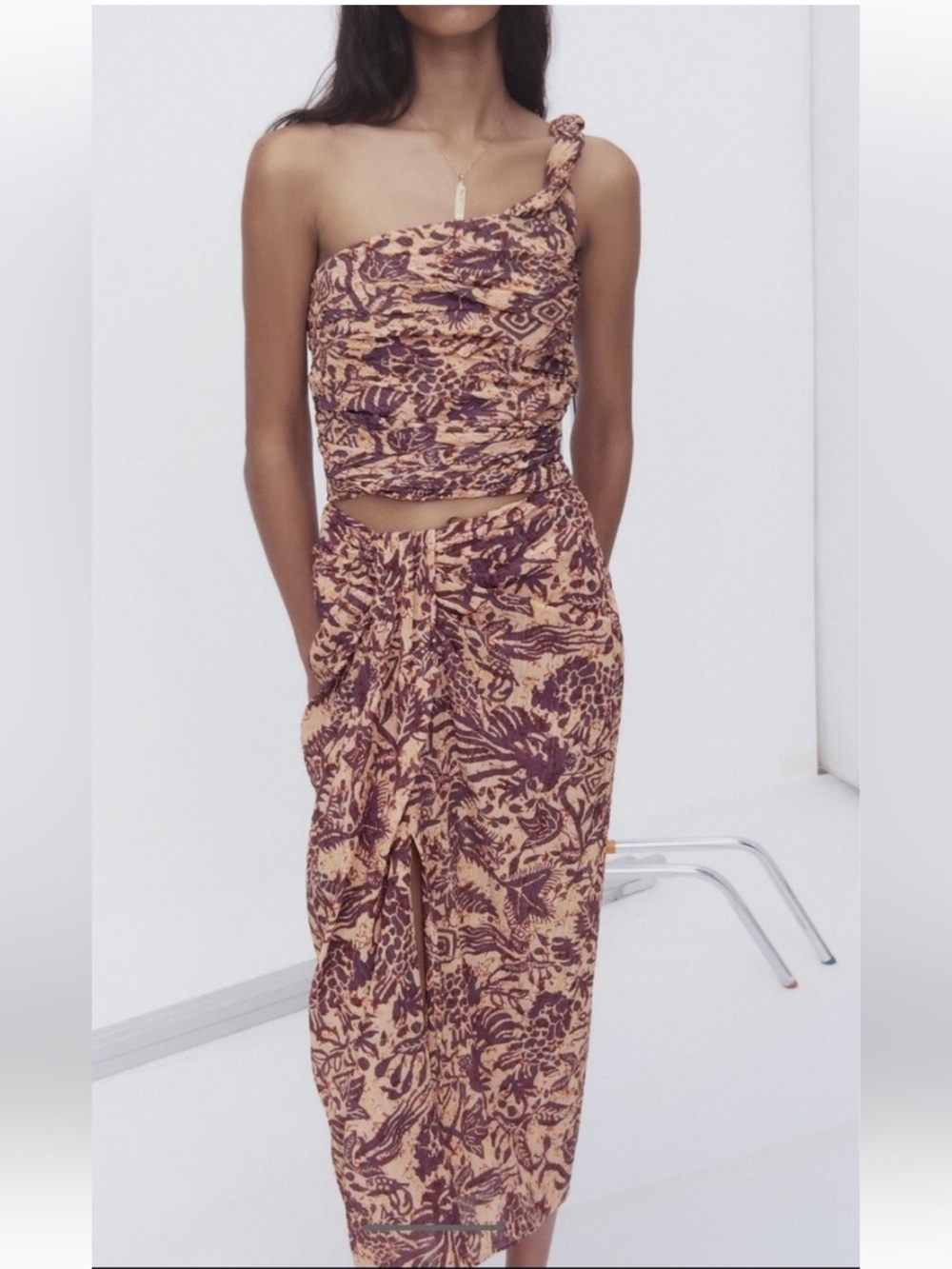 Zara batik style Peach and Maroon Printed Wrap Skirt & Top set XS 2pc.
